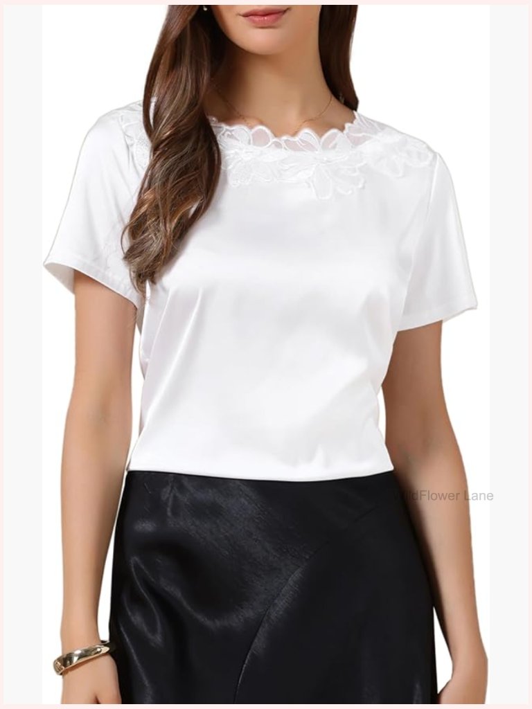 Elegant Dressy Casual Floral Lace Blouse - Short Sleeve Work Shirt